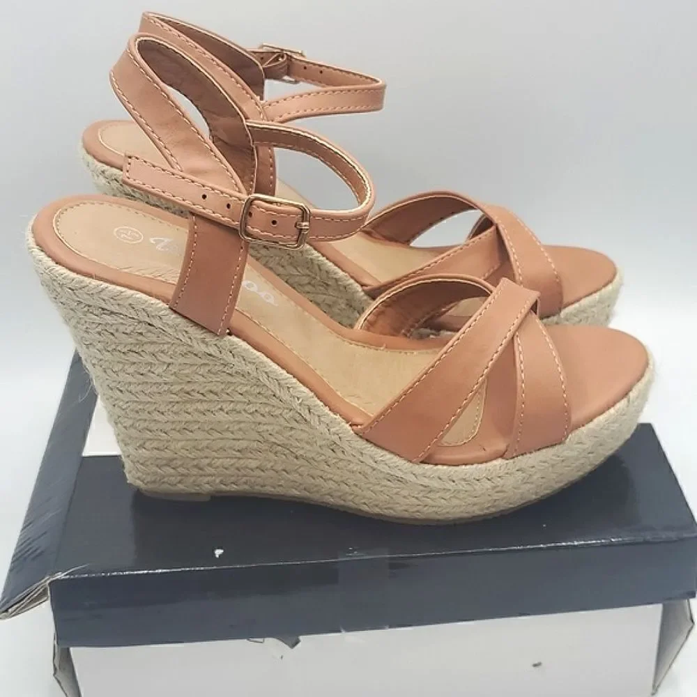 Weeboo Tan Mid High Heel Wedge Strappy Buckle Espadrille Sandals Size 7.5